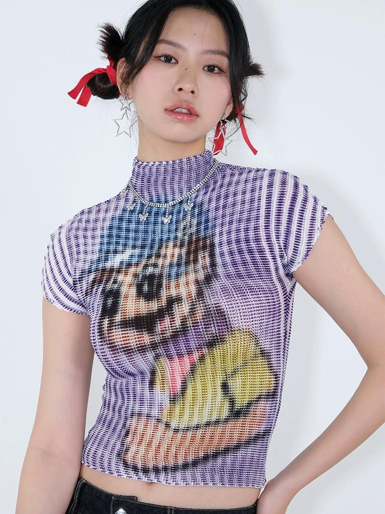 Cartoon Dog Print Ribbed Crop Top