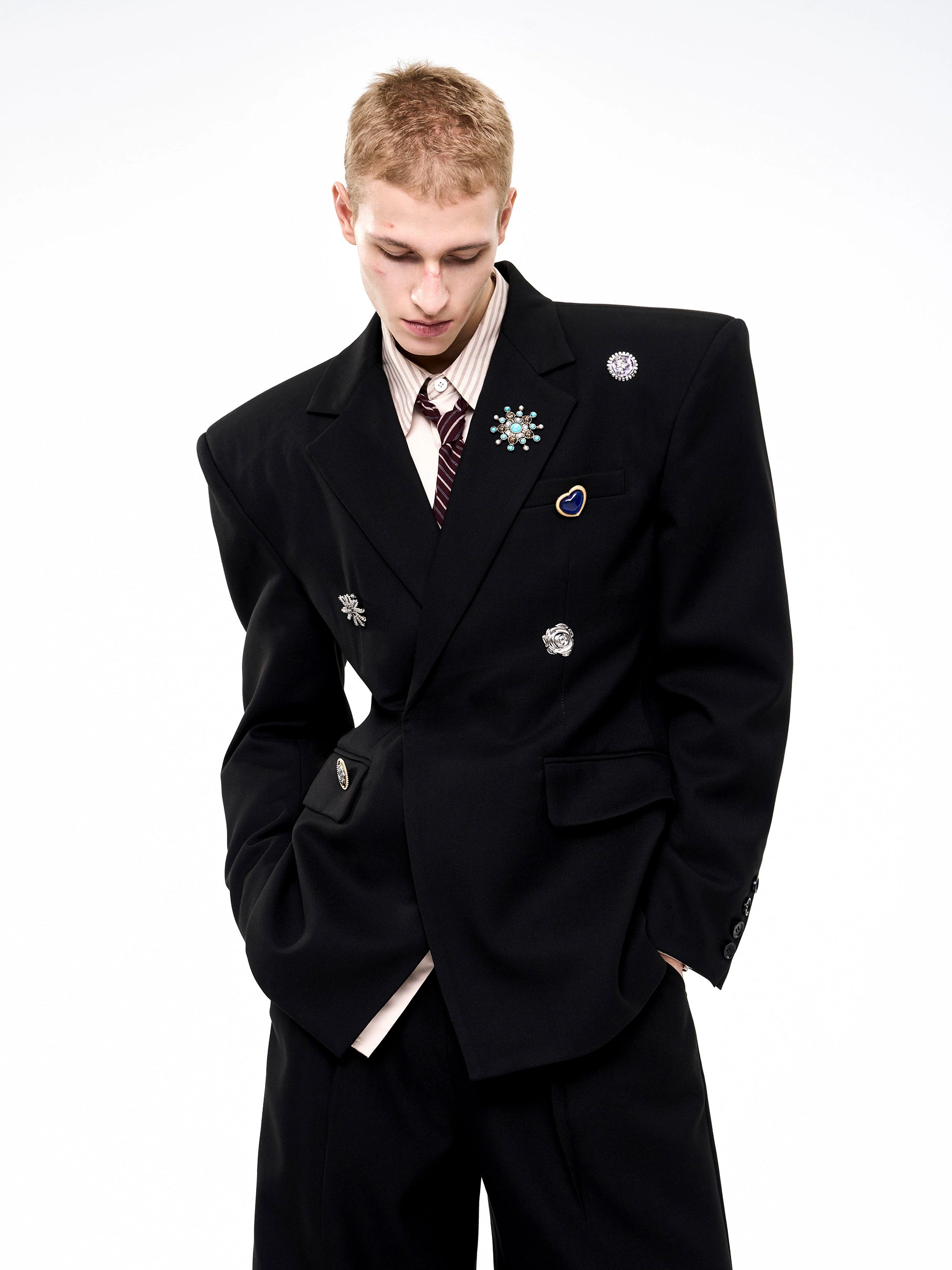 Brooch-Embellished Jacket and Pants Setup