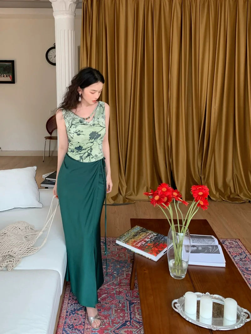 Lace-Up Satin Wrap Maxi Skirt