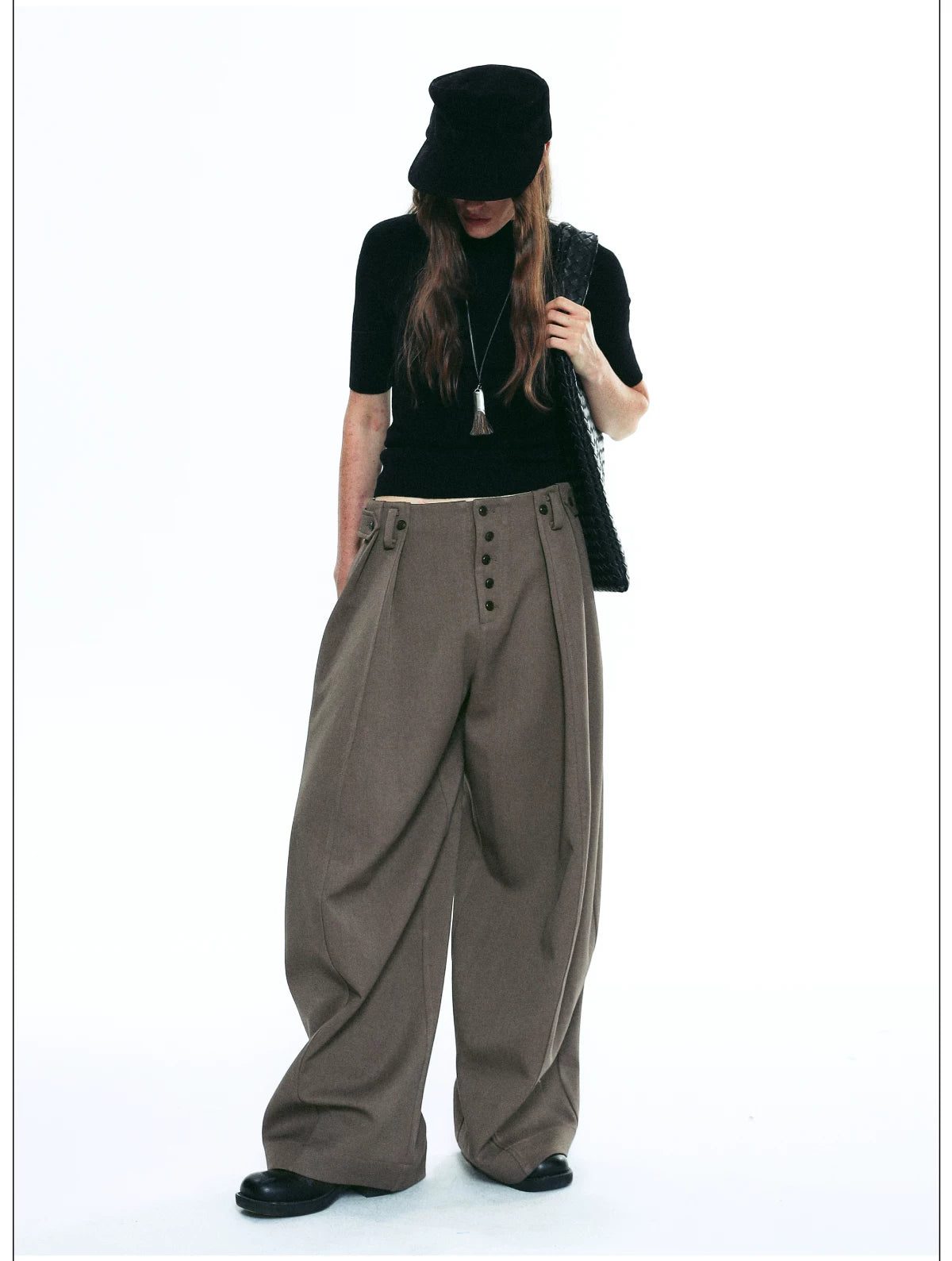 Exposed Button Pinstripe Wide Trousers