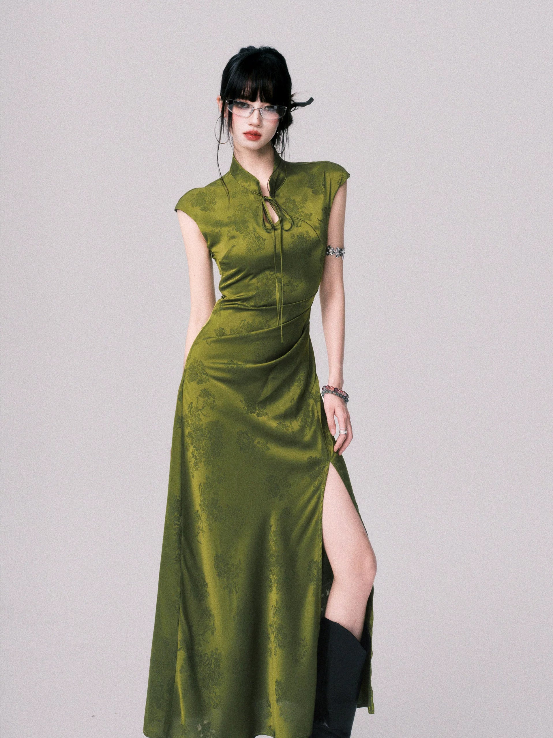 Verdant Whispers Cheongsam Maxi Dress