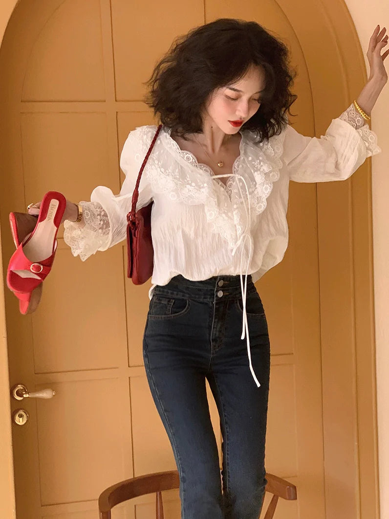 White Lace-Trimmed Blouse