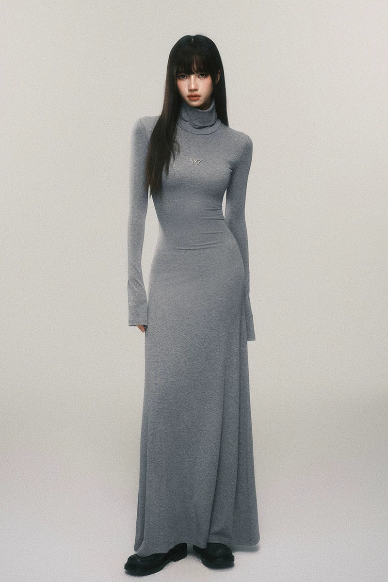 Seraphic Silhouette Butterfly Turtleneck Maxi Dress