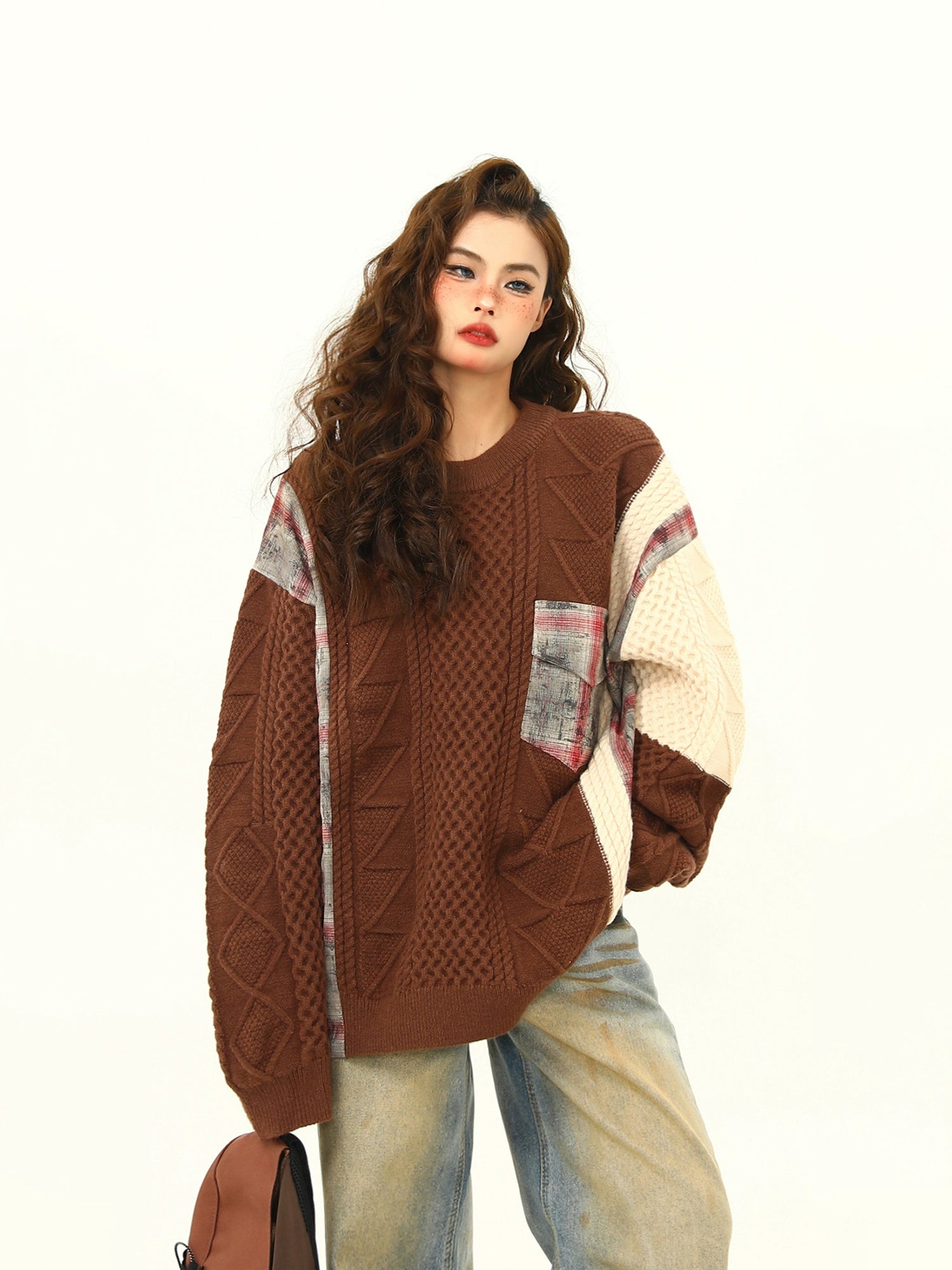 Patchwork Knit and Plaid Sweater