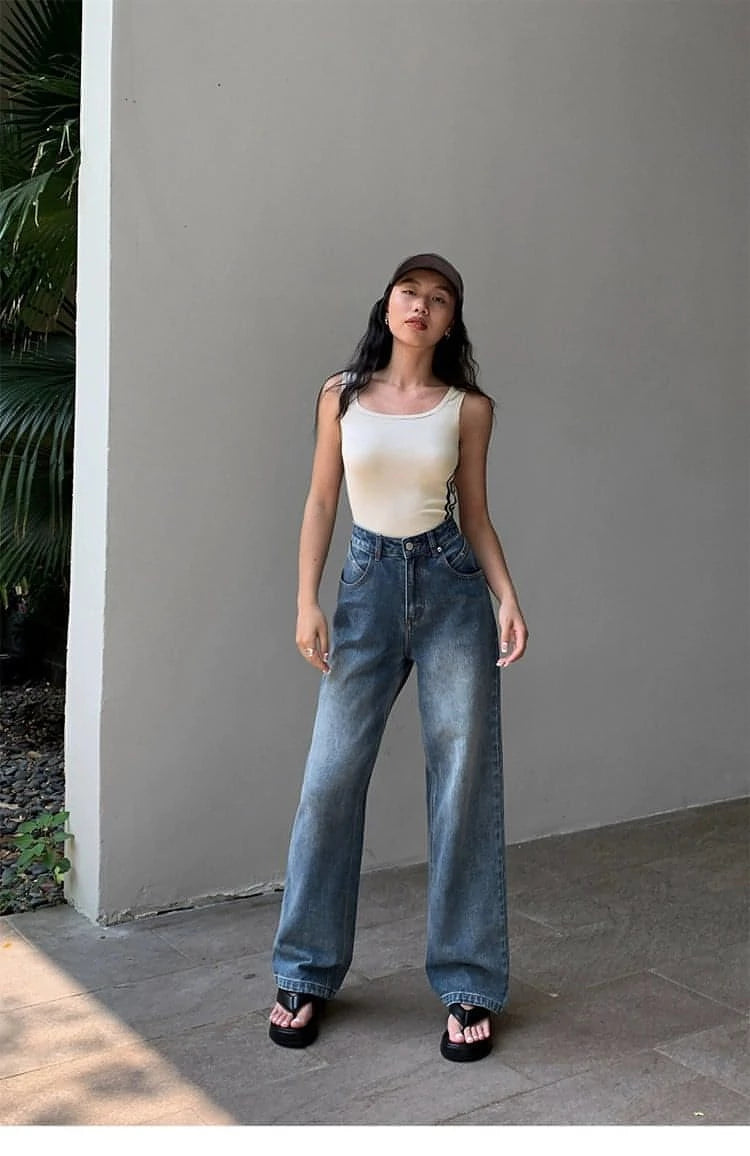 Summer Collection - Blue High-Waist Loose Wide-Leg Denim Jeans - chiclara