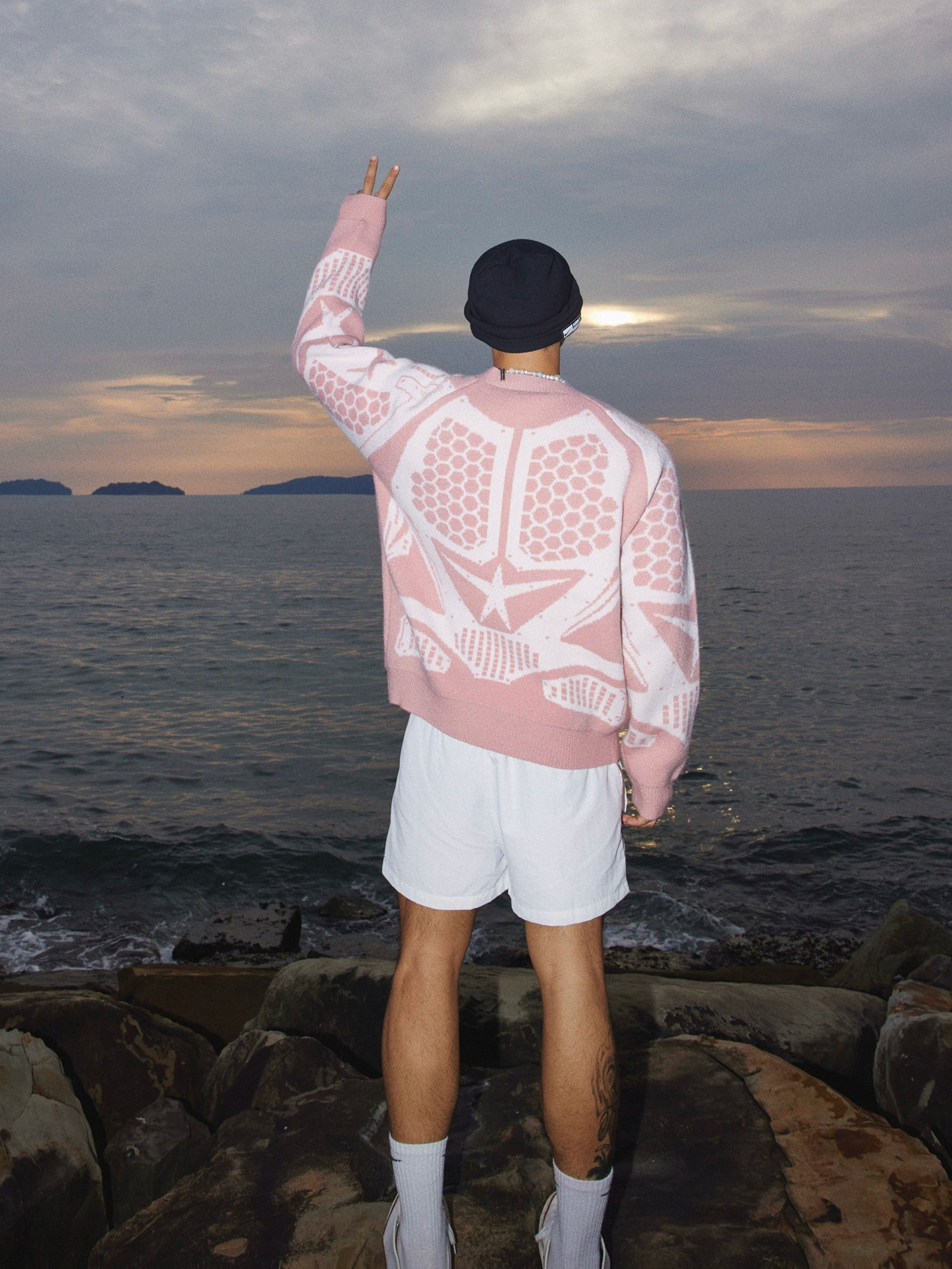 Pink and White Star Pattern Knit Sweater