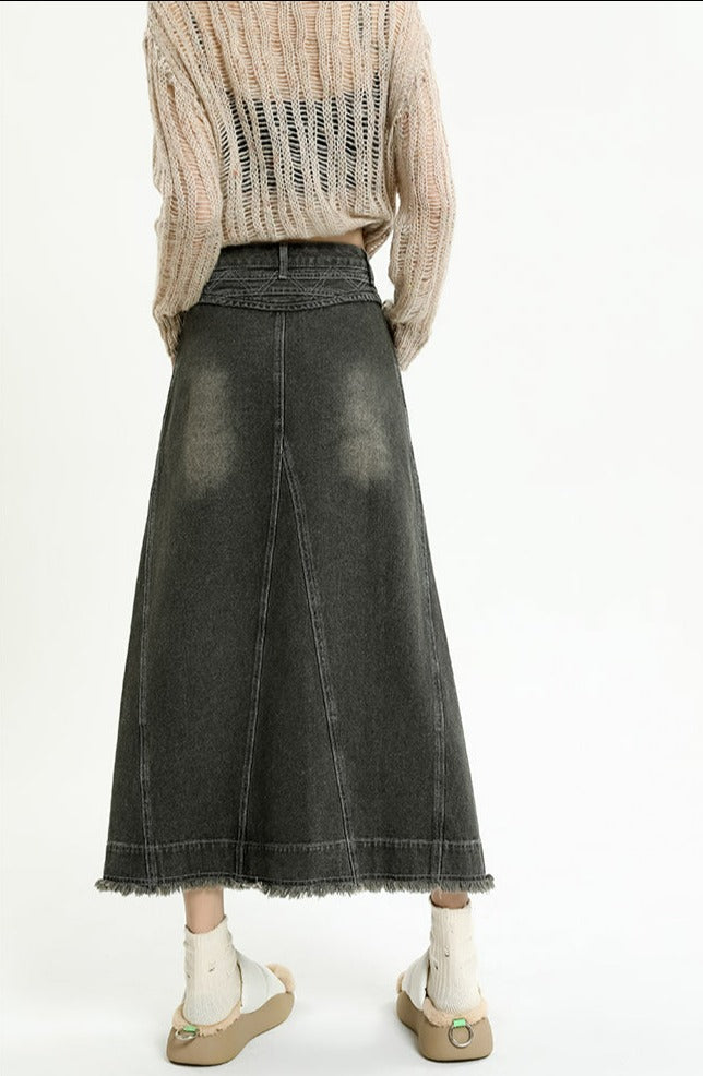 Frayed Hem Denim Midi Skirt