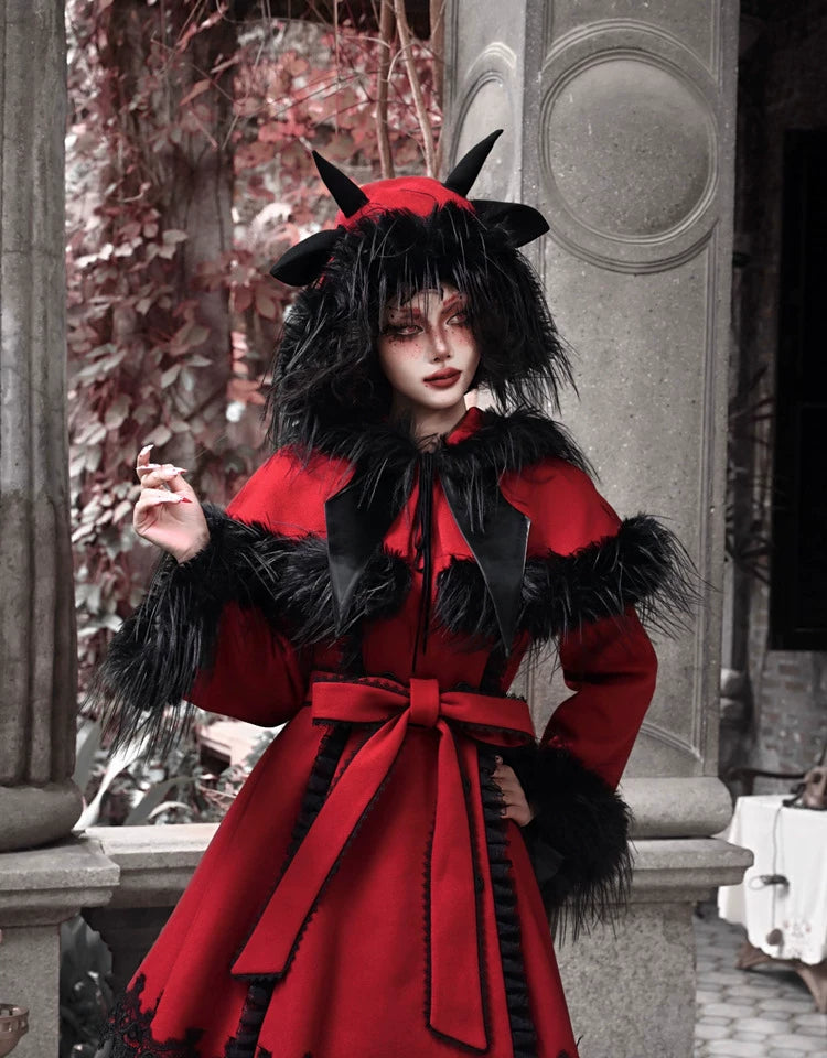 Crimson Faux Fur Trim Gothic Coat Dress