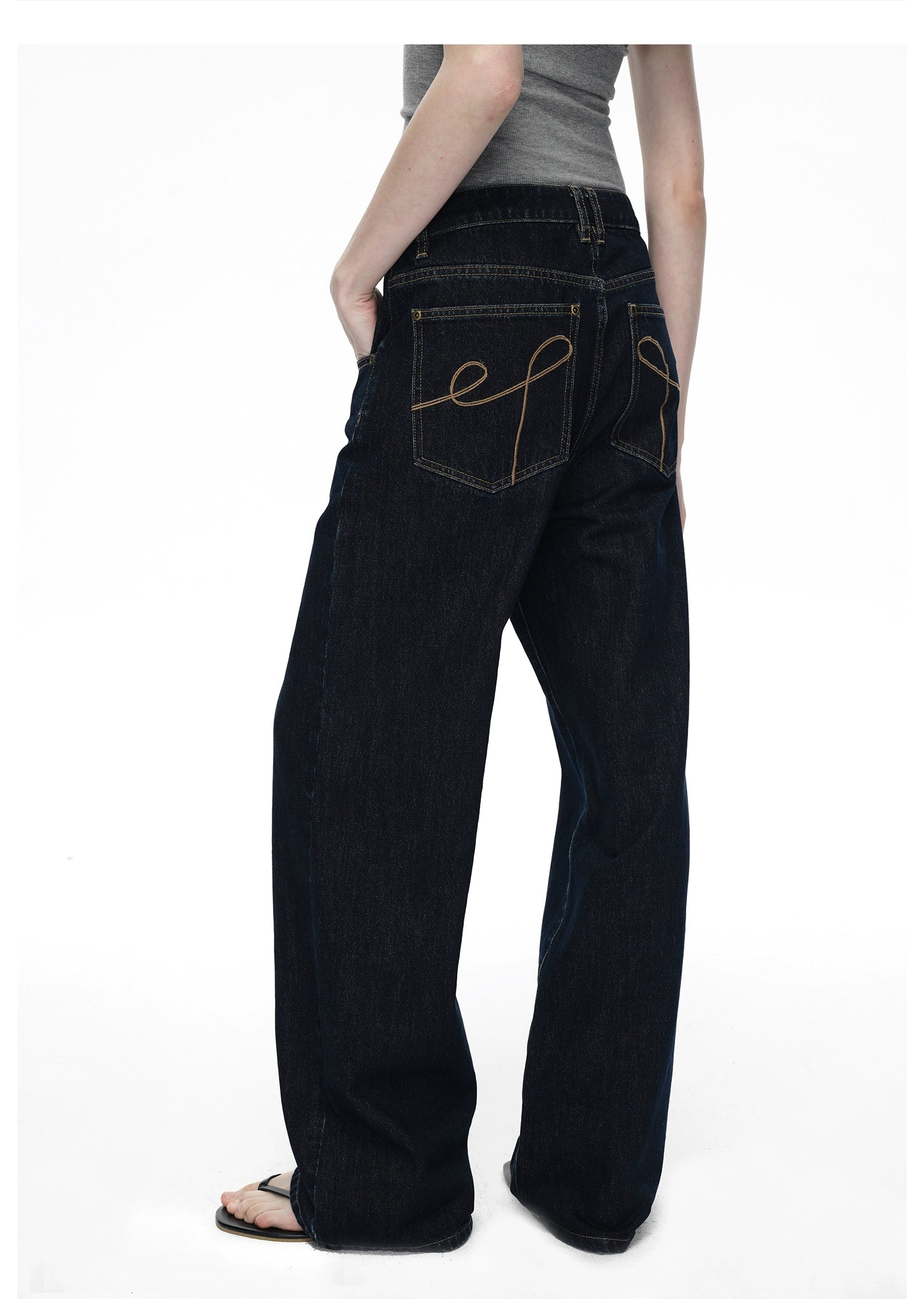 Dark Blue Raw Denim Wide-Leg Jeans