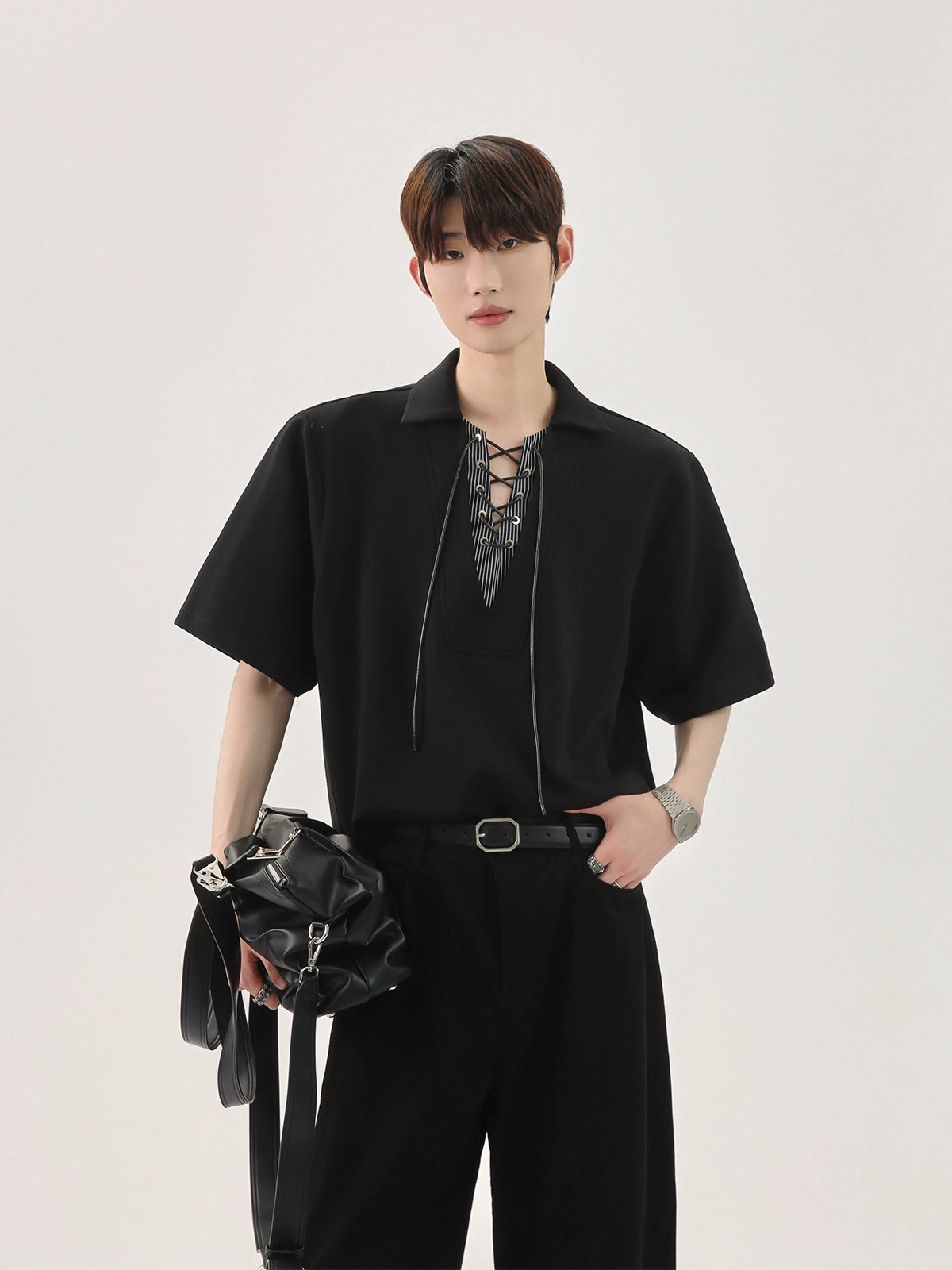 Charcoal Lace-Up Collar Polo Shirt