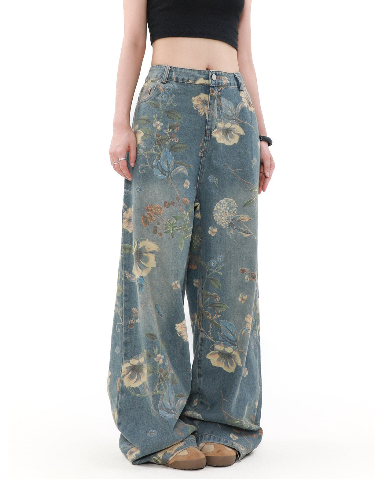 Floral Print Wide Leg Denim Jeans