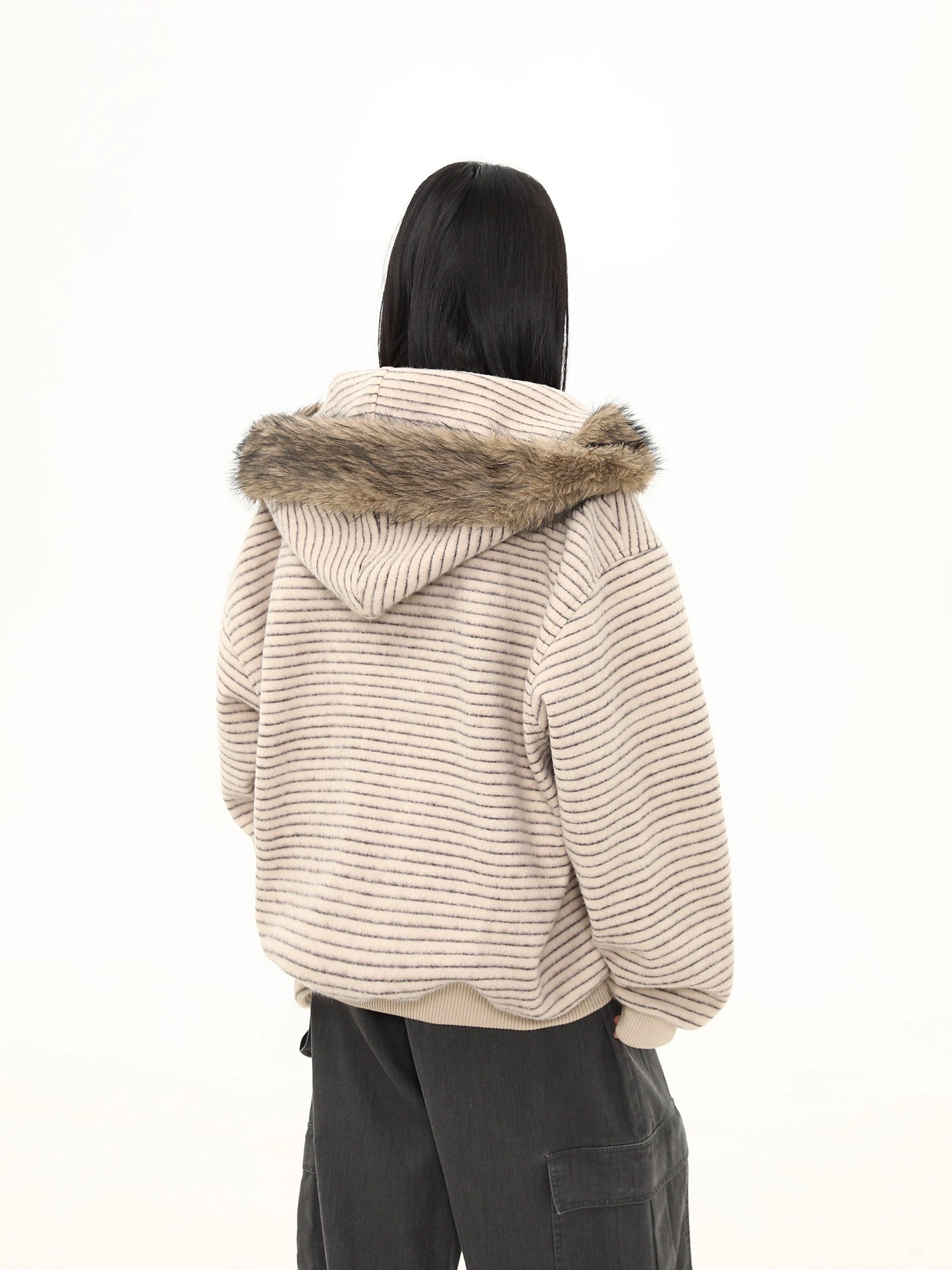 Frost Ridge Striped Faux Fur Hoodie Jacket