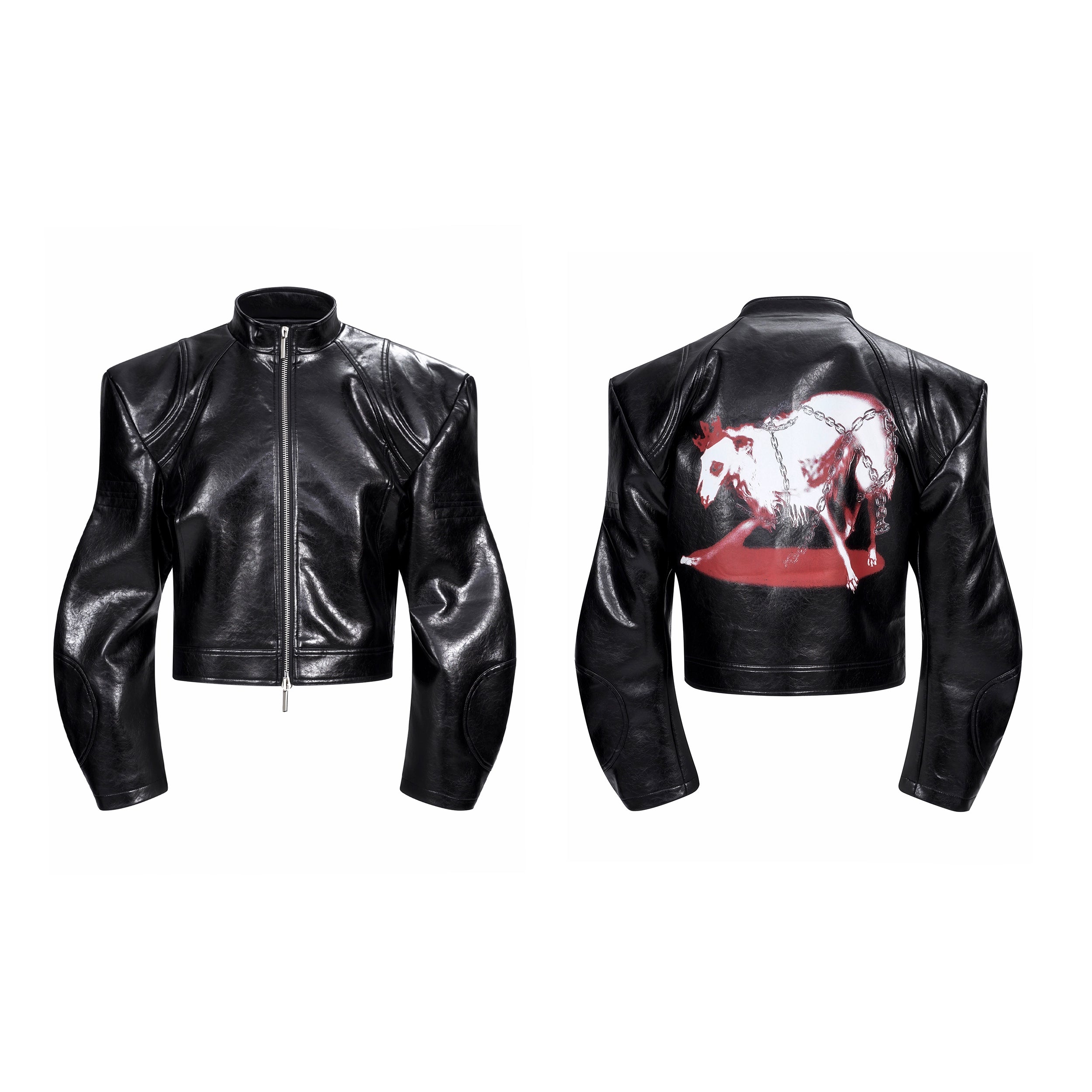 Cropped Black Leather Jacket with Abstract Graphic Print