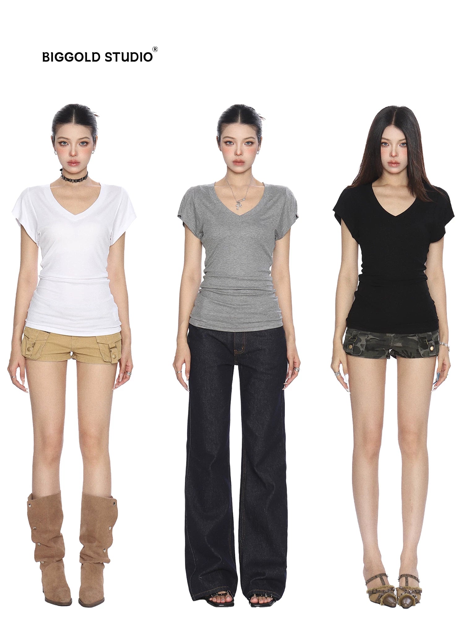 Slim V-Neck Ruched Short-Sleeve T-Shirt