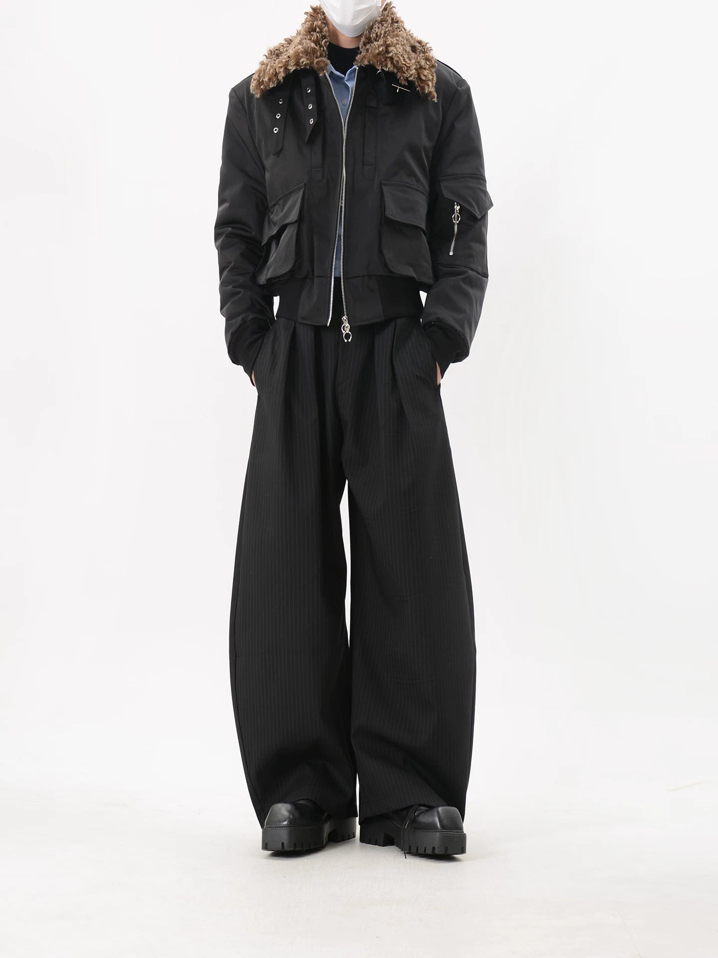 Black Faux Fur Collar Utility Bomber Jacket