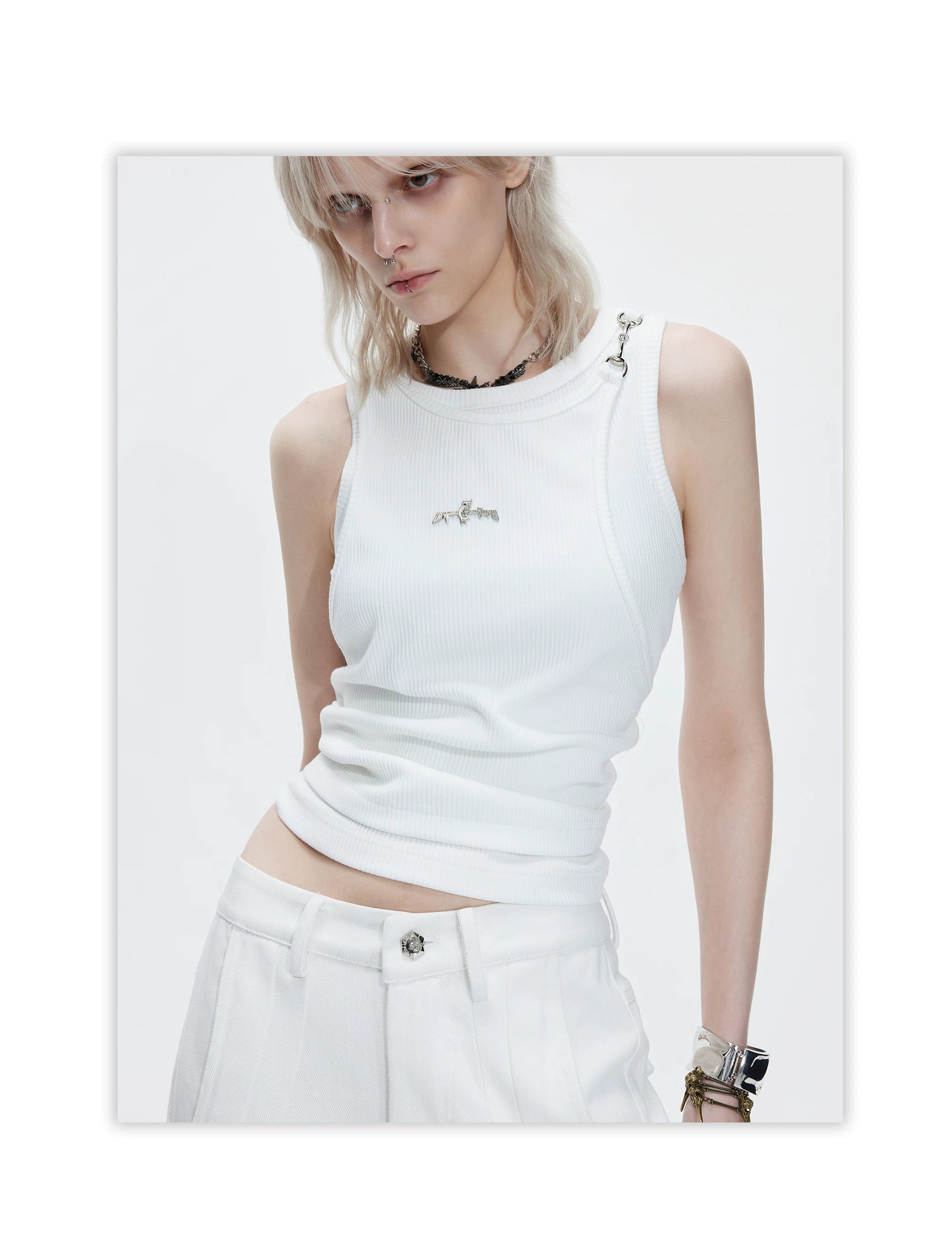 Layered Ribbed Hardware Accent Tank Top