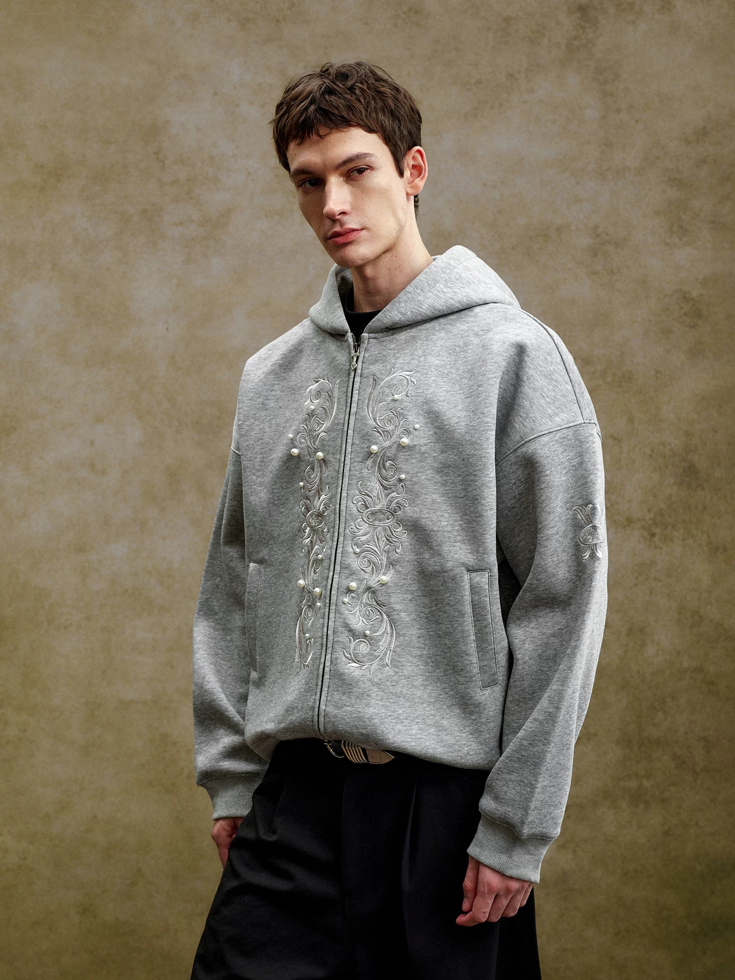 Pearl Embroidered Zip-Up Hoodie