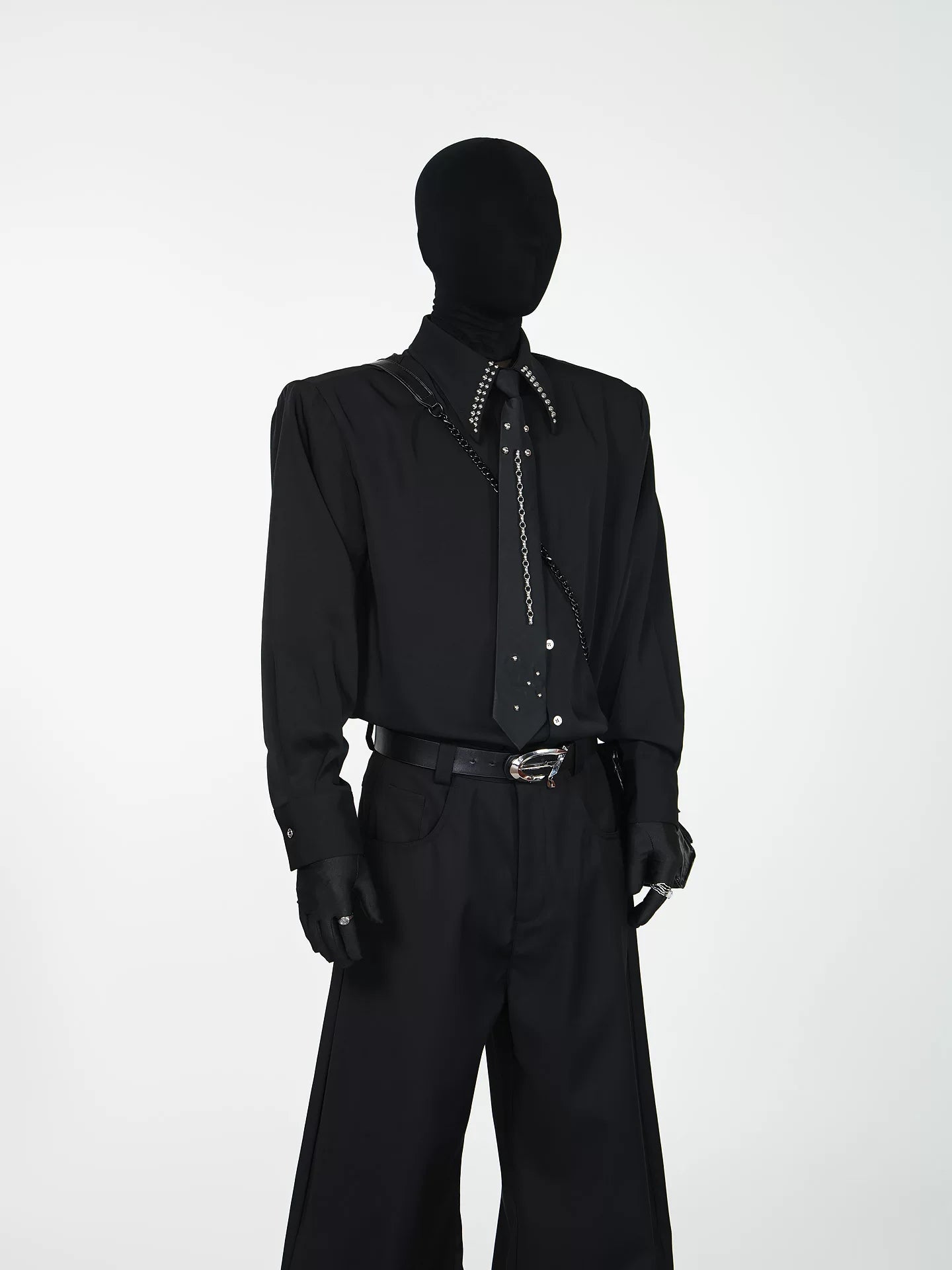 Crystal Crest Studded Collar Shirt & Chain Tie Set