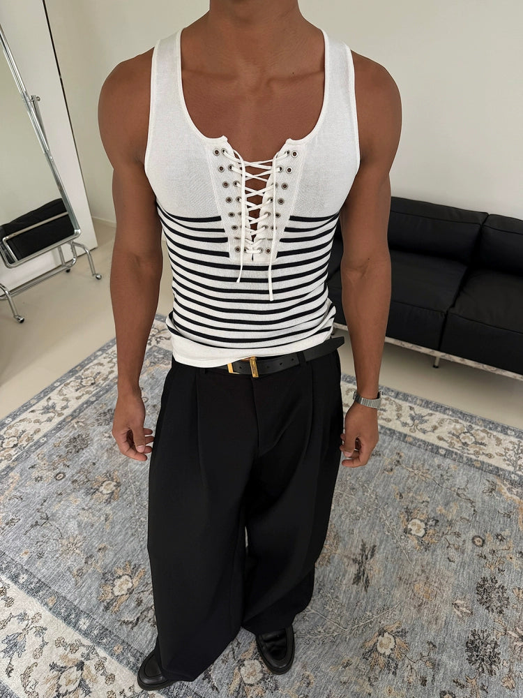 White and Navy Striped Lace-Up Tank Top
