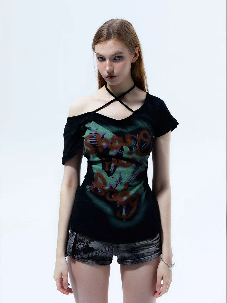 Off-shoulder Graffiti Print Top with Choker Detail