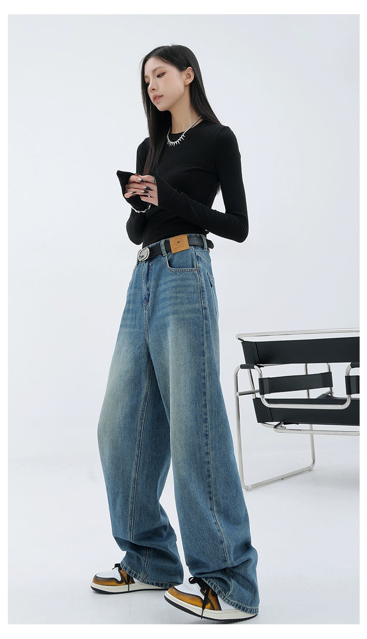 Blue Retro Loose Straight-Leg High-Waist Floor-Length Jeans - chiclara