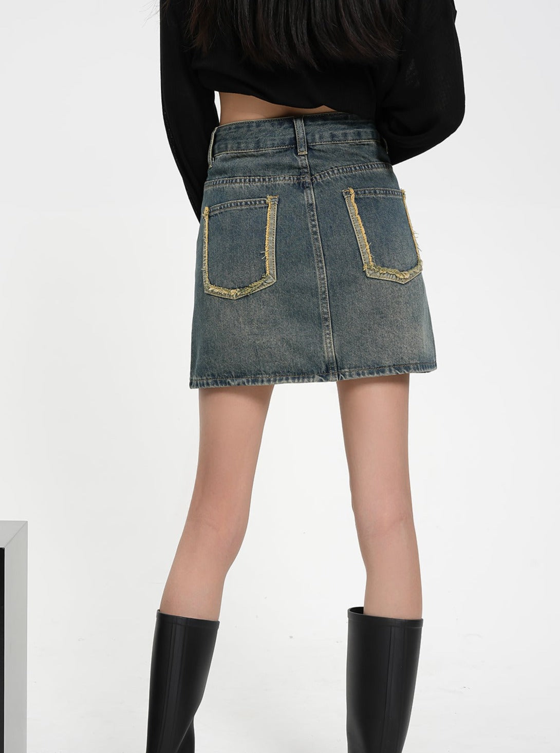 Vintage-Inspired Denim Mini Skirt - Two-Tone Patchwork Jean Skirt with Raw Hem