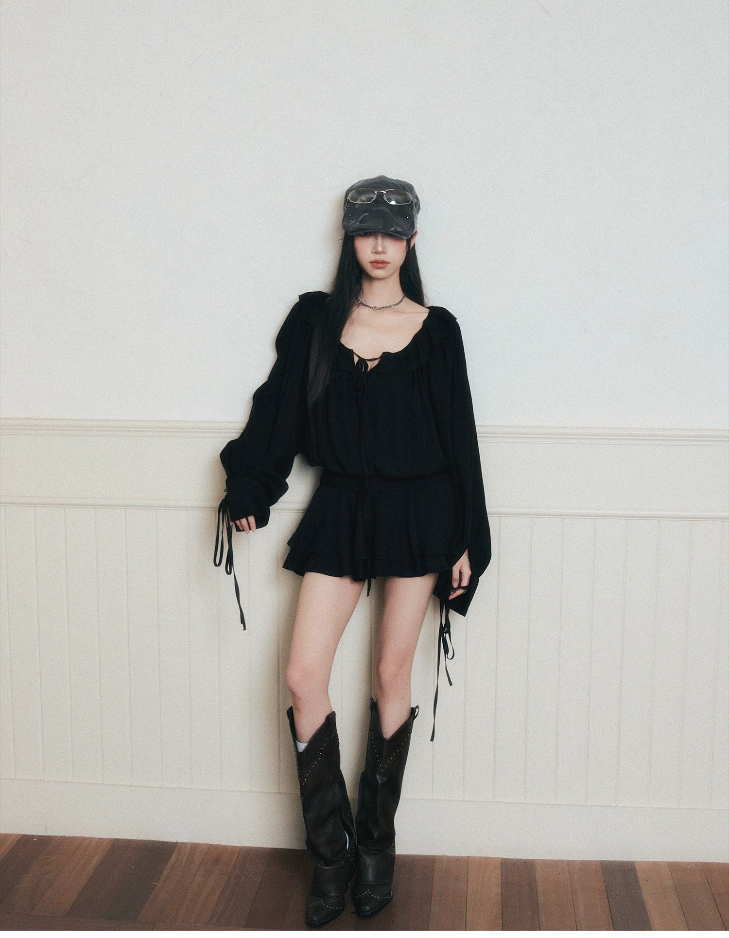 Midnight Ruffle Poet Mini Dress