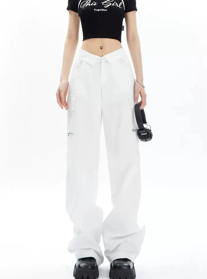 Wide-Leg Cargo Pants with Collar Waistband