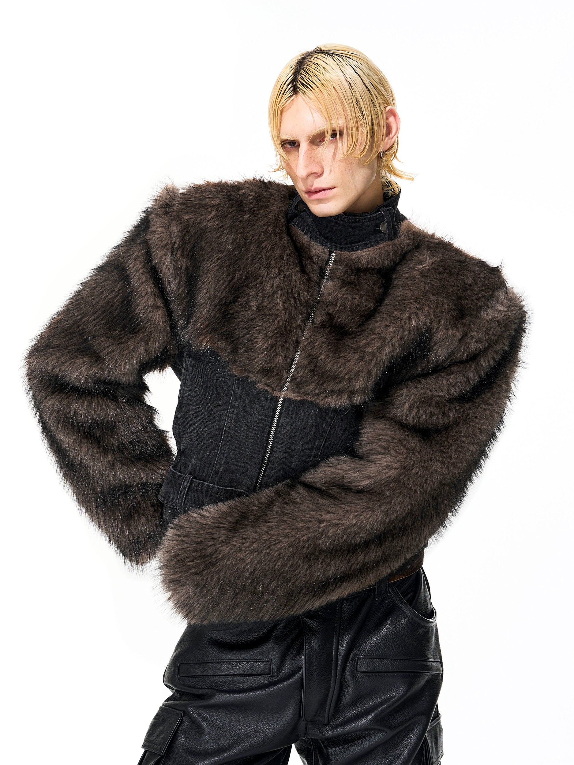 Black Denim Jacket with Faux Fur Sleeves and Shoulders