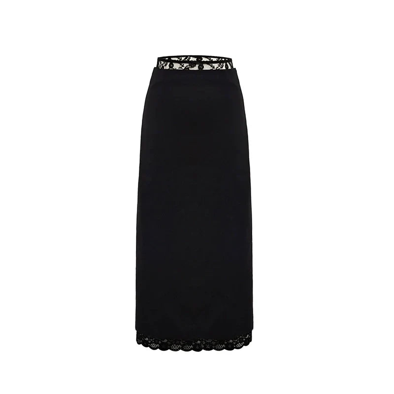 Black Lace Trim Midi Skirt