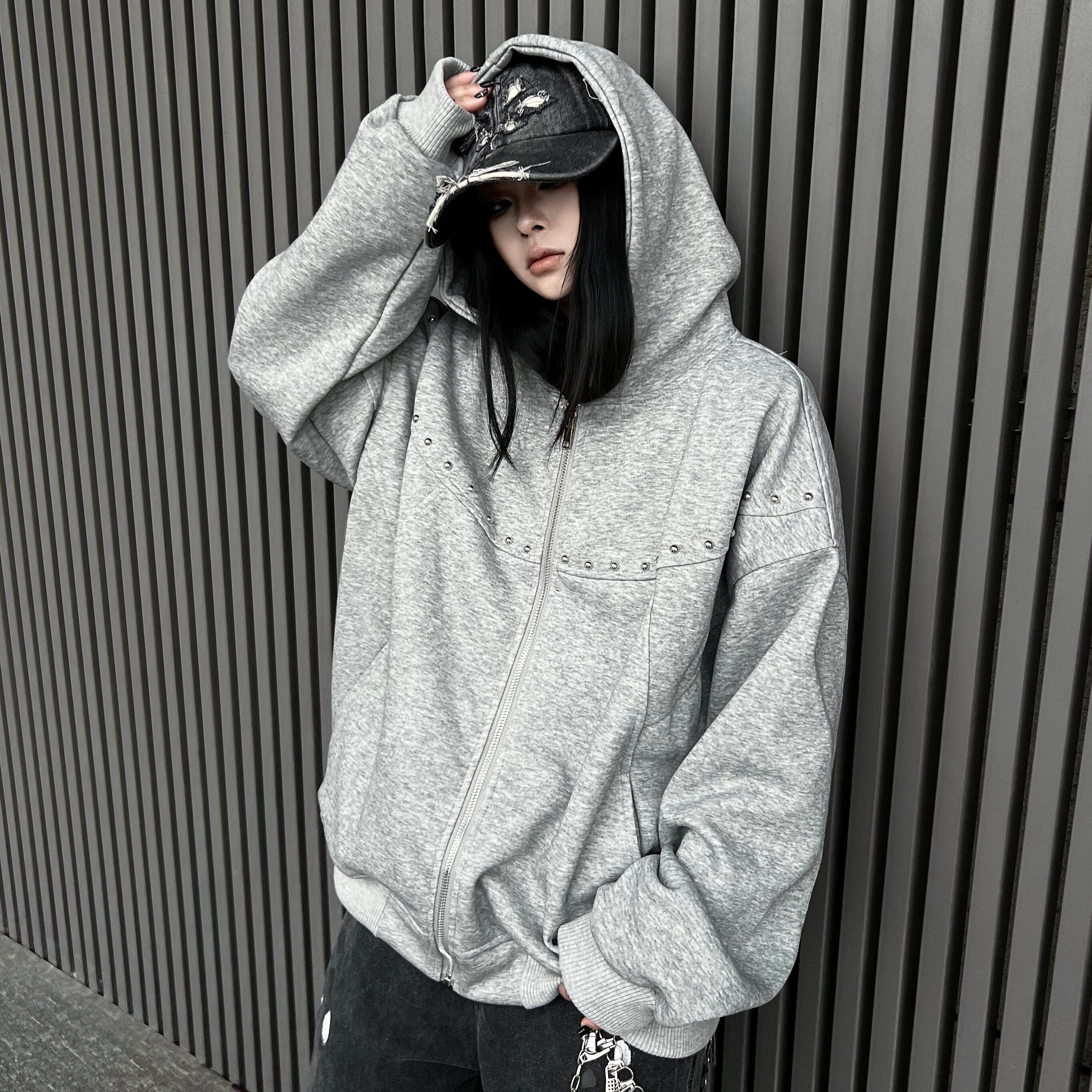 Men's Studded Oversized Zip-Up Hoodie