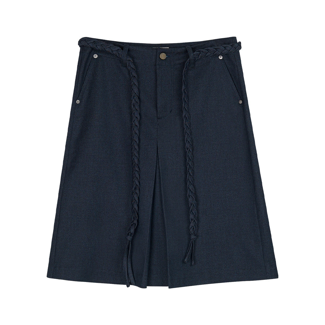 Navy Knee-Length Skirt with Braided Belt