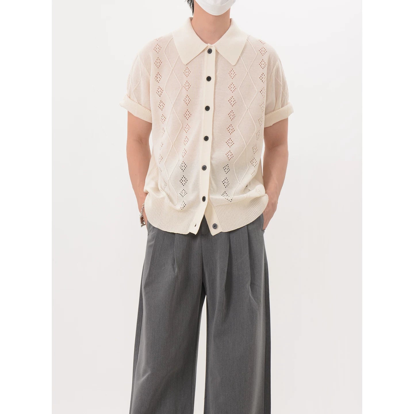 Lattice Knit Polo Cardigan