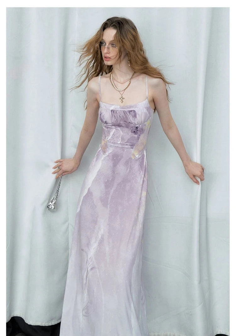 Of Akiva Watercolor Silk Maxi Dress with Detached Sleeves