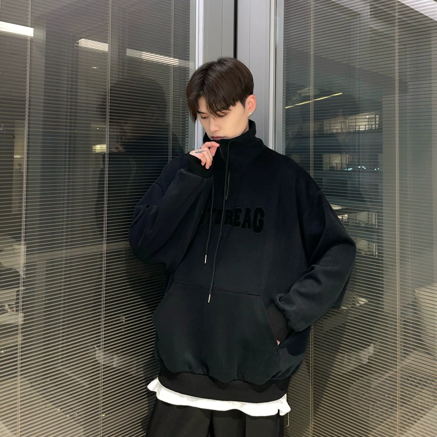 Quarter-Zip Mock Neck Sweatshirt with Embroidered Text