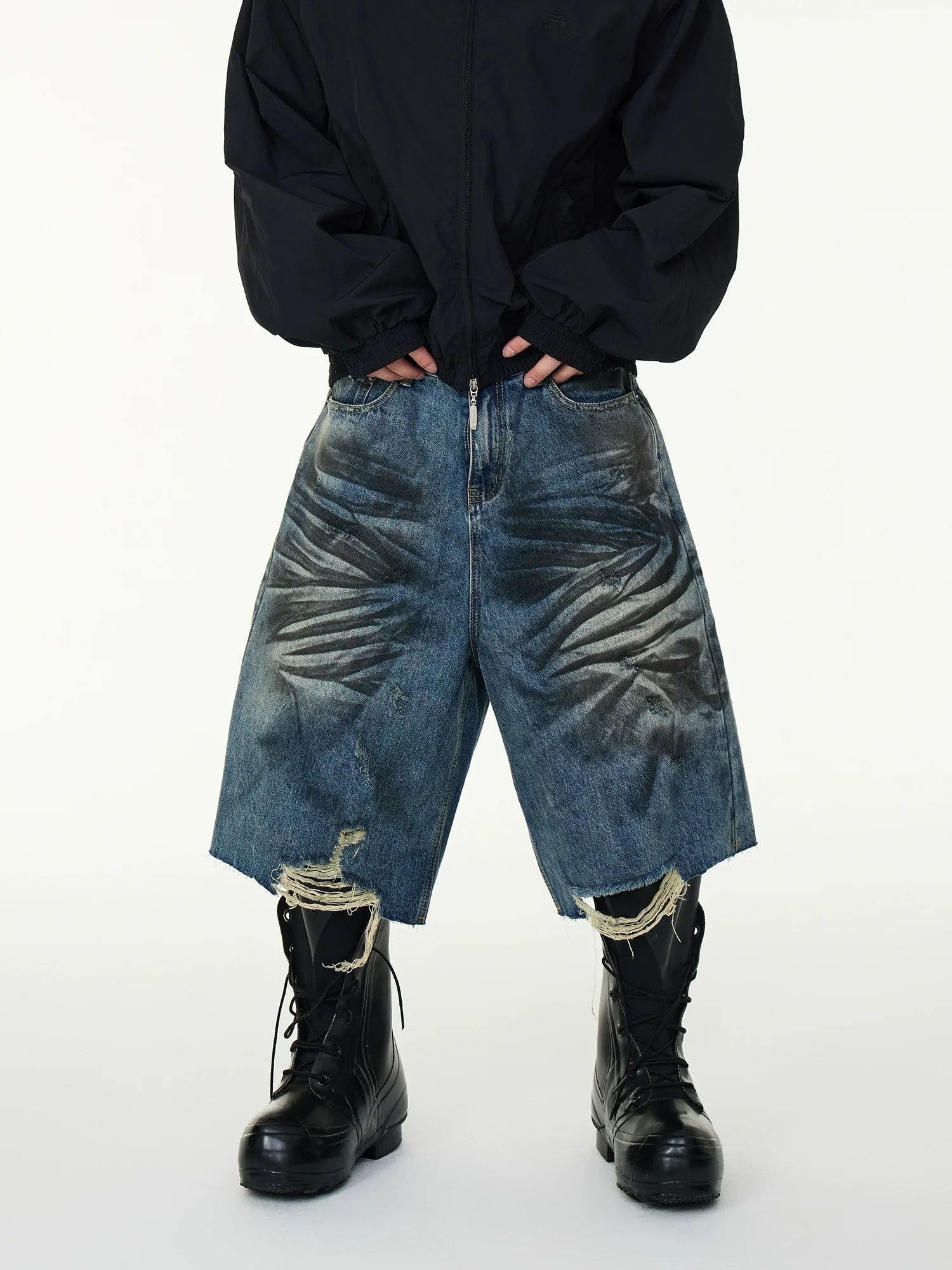 Distressed Palm Spray Denim Shorts