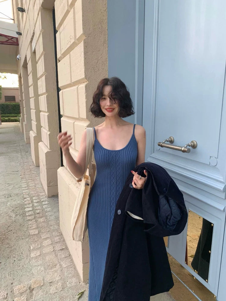 Slim Ribbed Knit Suspender Maxi Dress