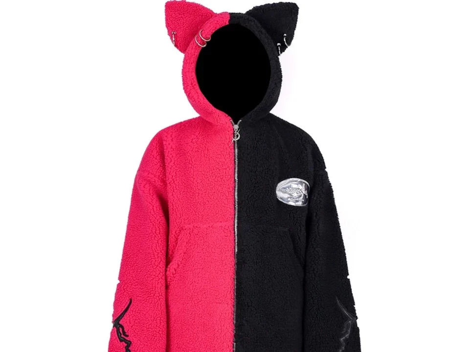 PINKSPINK Two-Tone Cat Ear Fleece Hoodie - Hot Pink/Black