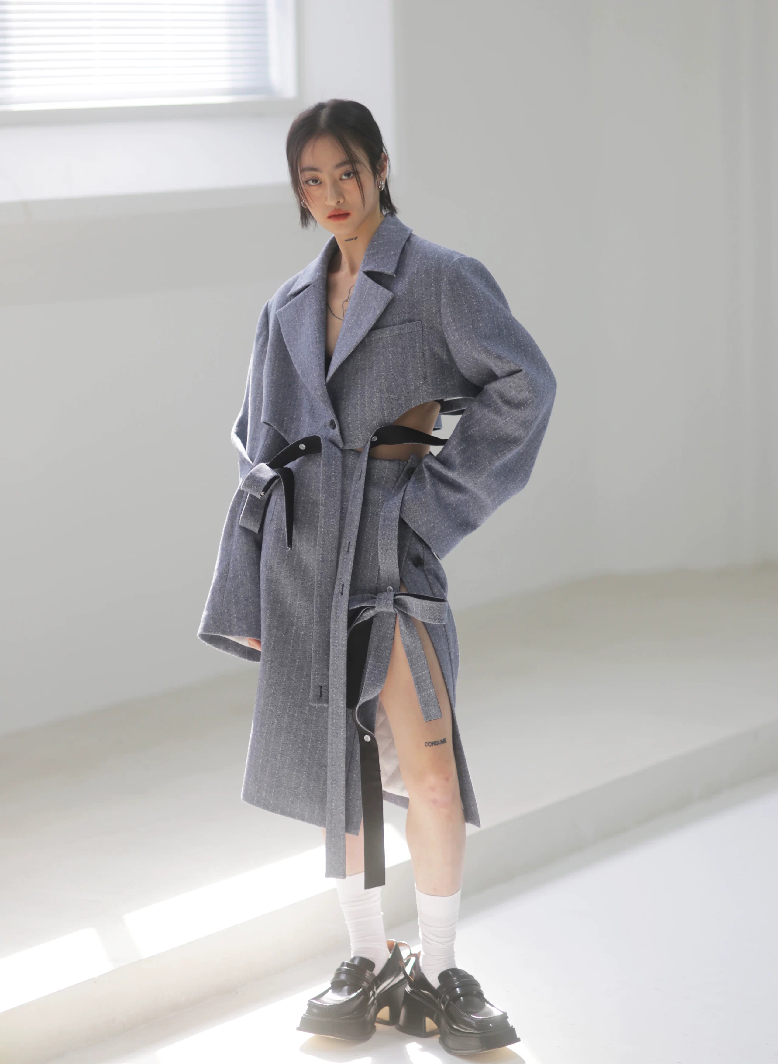 Steel Herringbone Pencil Midi Skirt