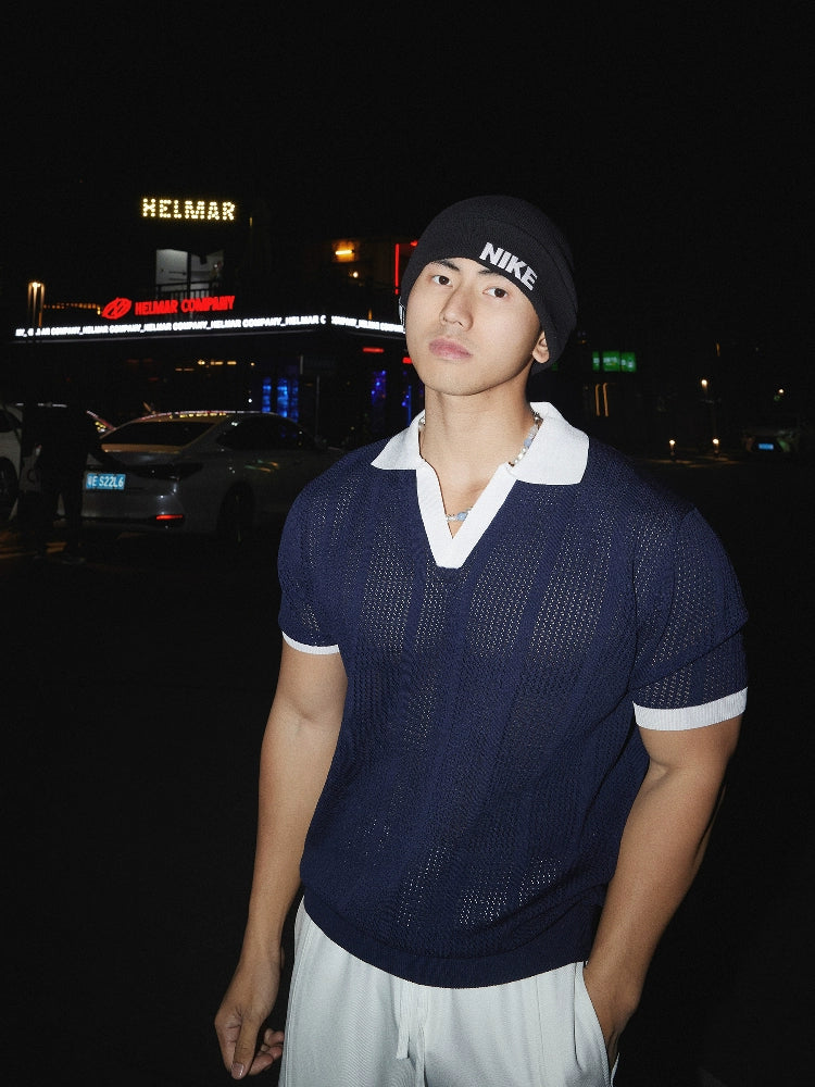 Contrast Collar Mesh Knit Polo Shirt