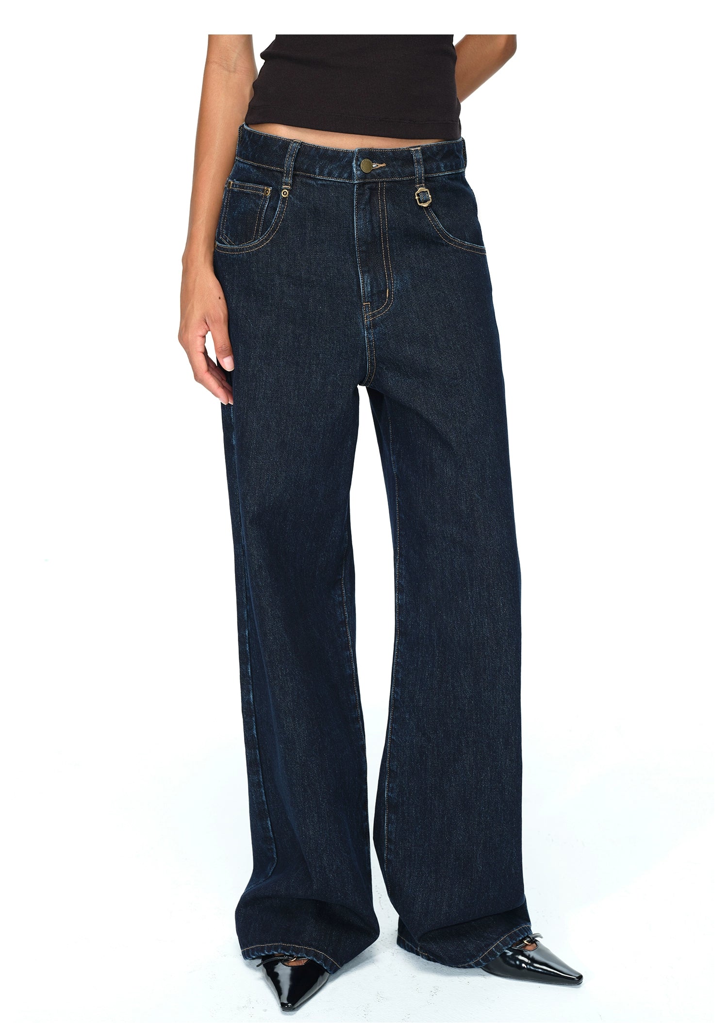 Dark Blue Raw Denim Wide-Leg Jeans