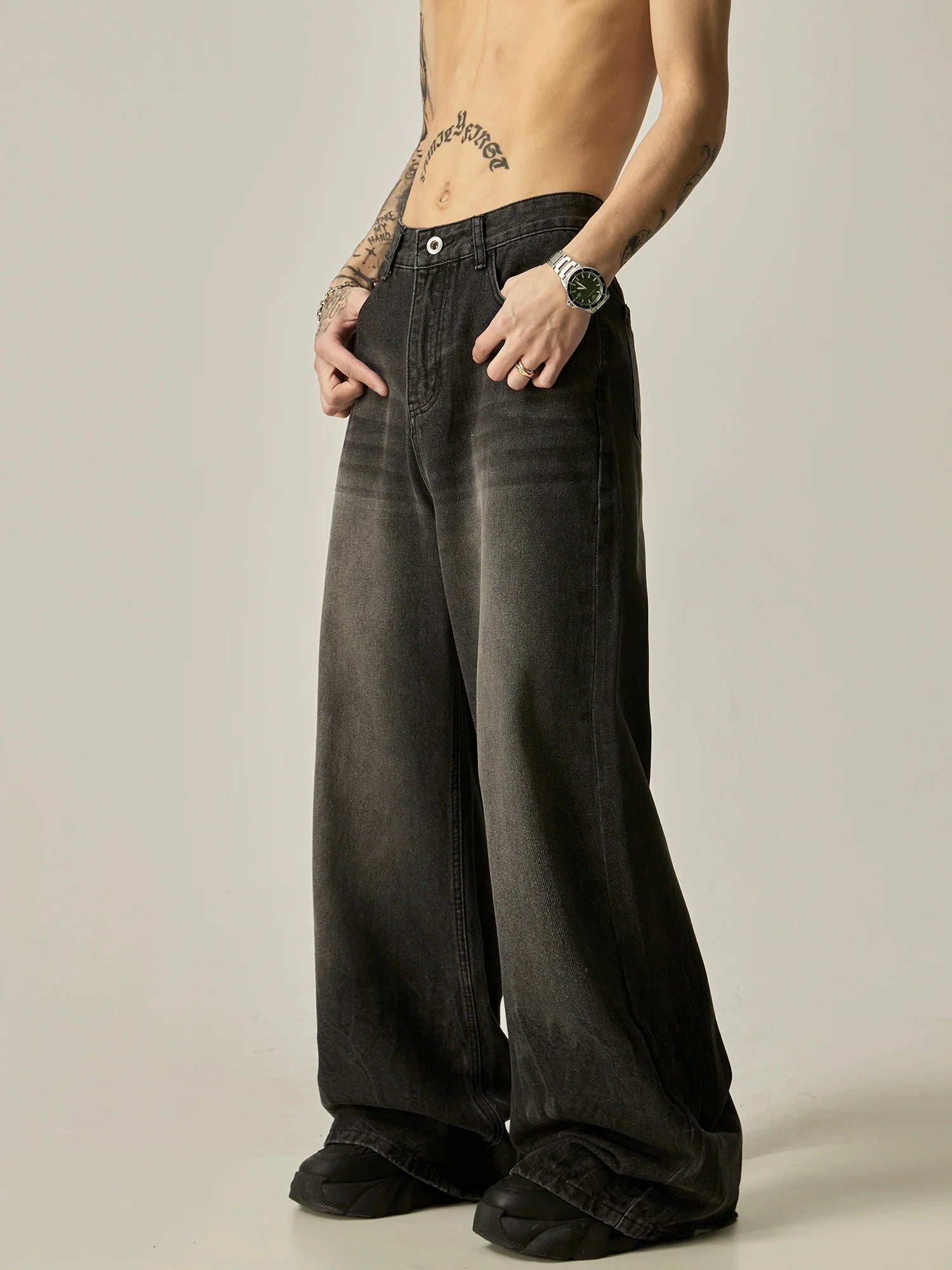 Wide-Leg Faded Black Denim Jeans