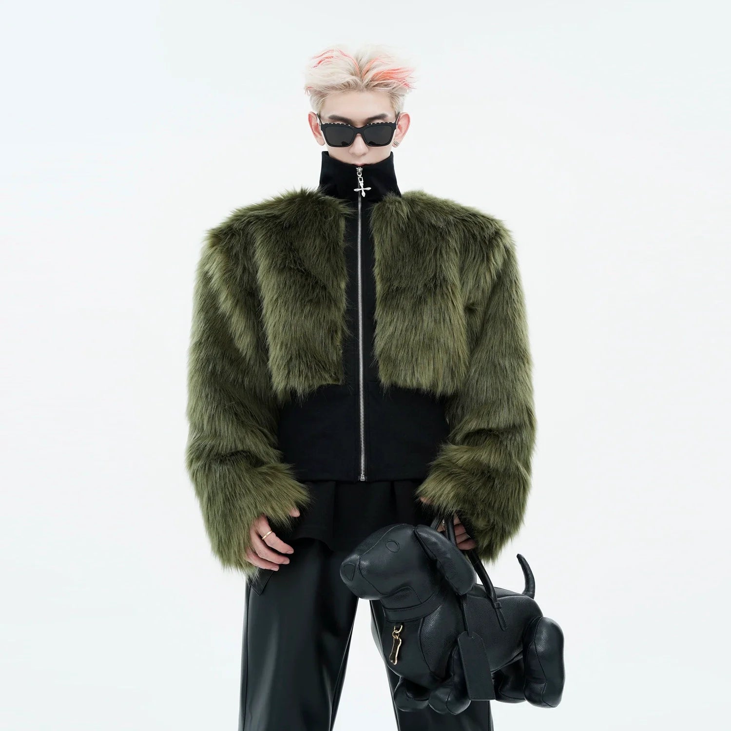 High Neck Olive Fur Panel Jacket