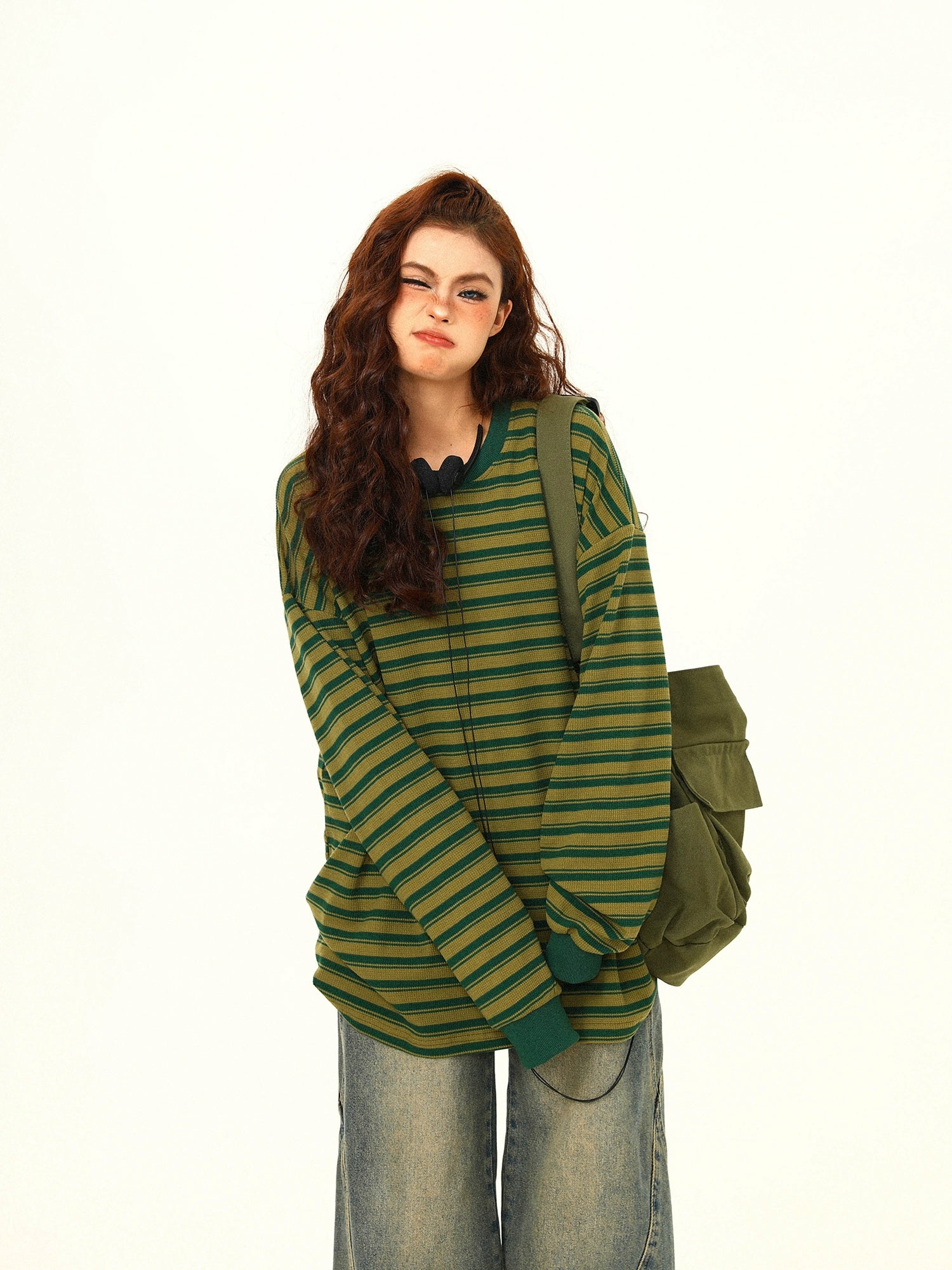 Green and Yellow Striped Oversized Long Sleeve Tee