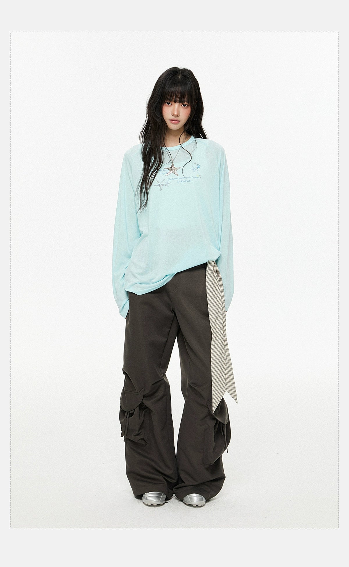 Wide-Leg Dark Cargo Pants with Striped Sash Belt