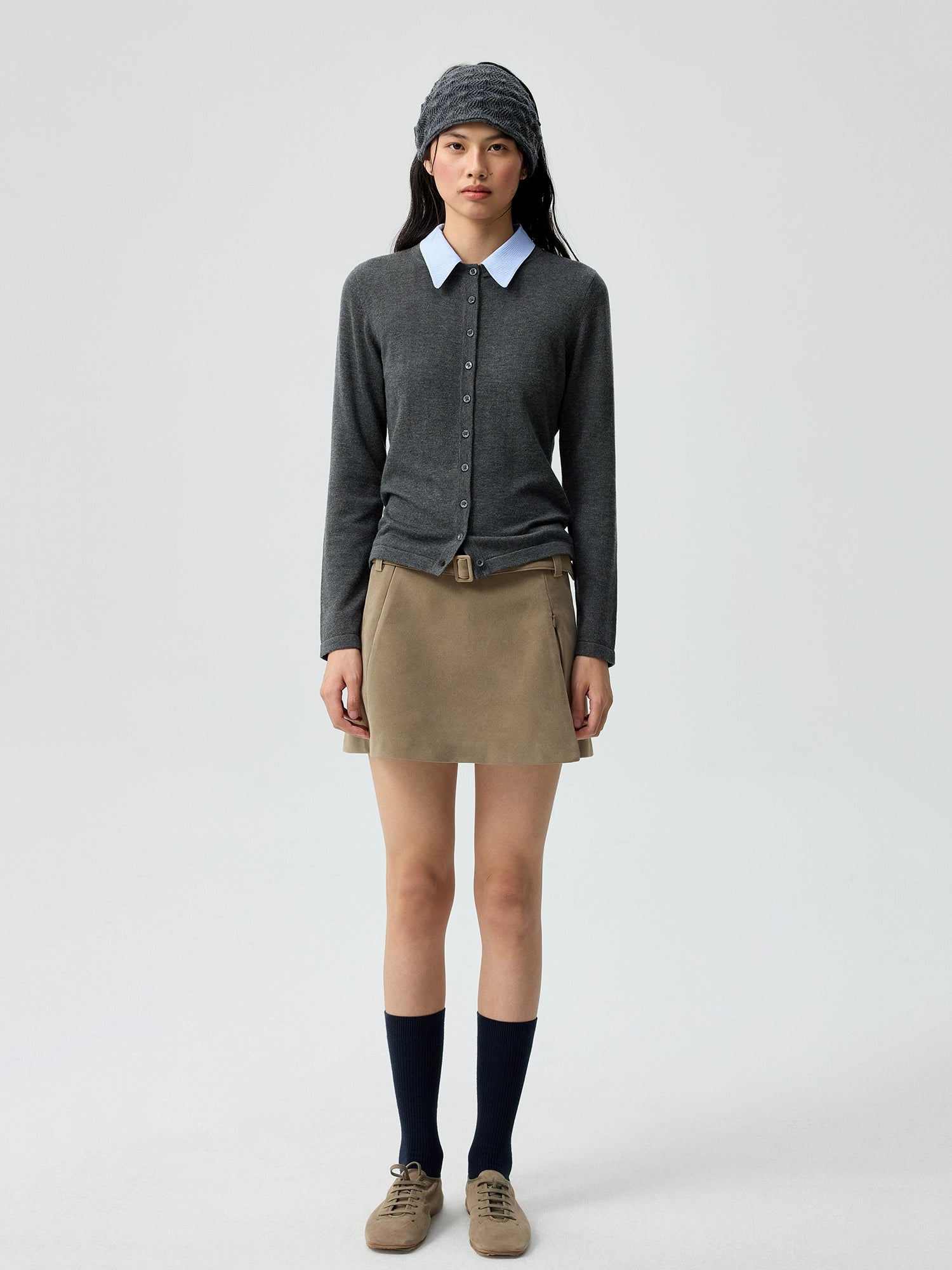 Button-Up Cardigan with Detachable Contrast Collar