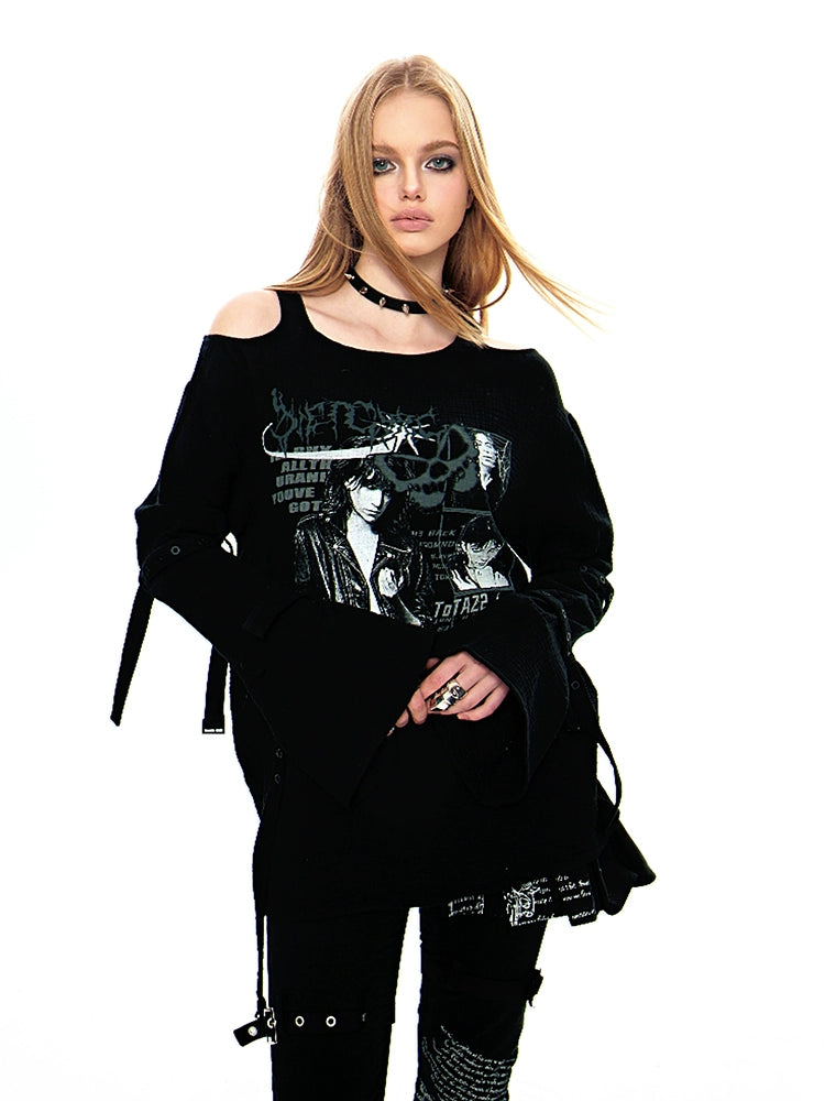 Diet Grrrl Gothic Punk Cold Shoulder Sweater - Black Graphic Print Long Sleeve Top With Thumb Holes