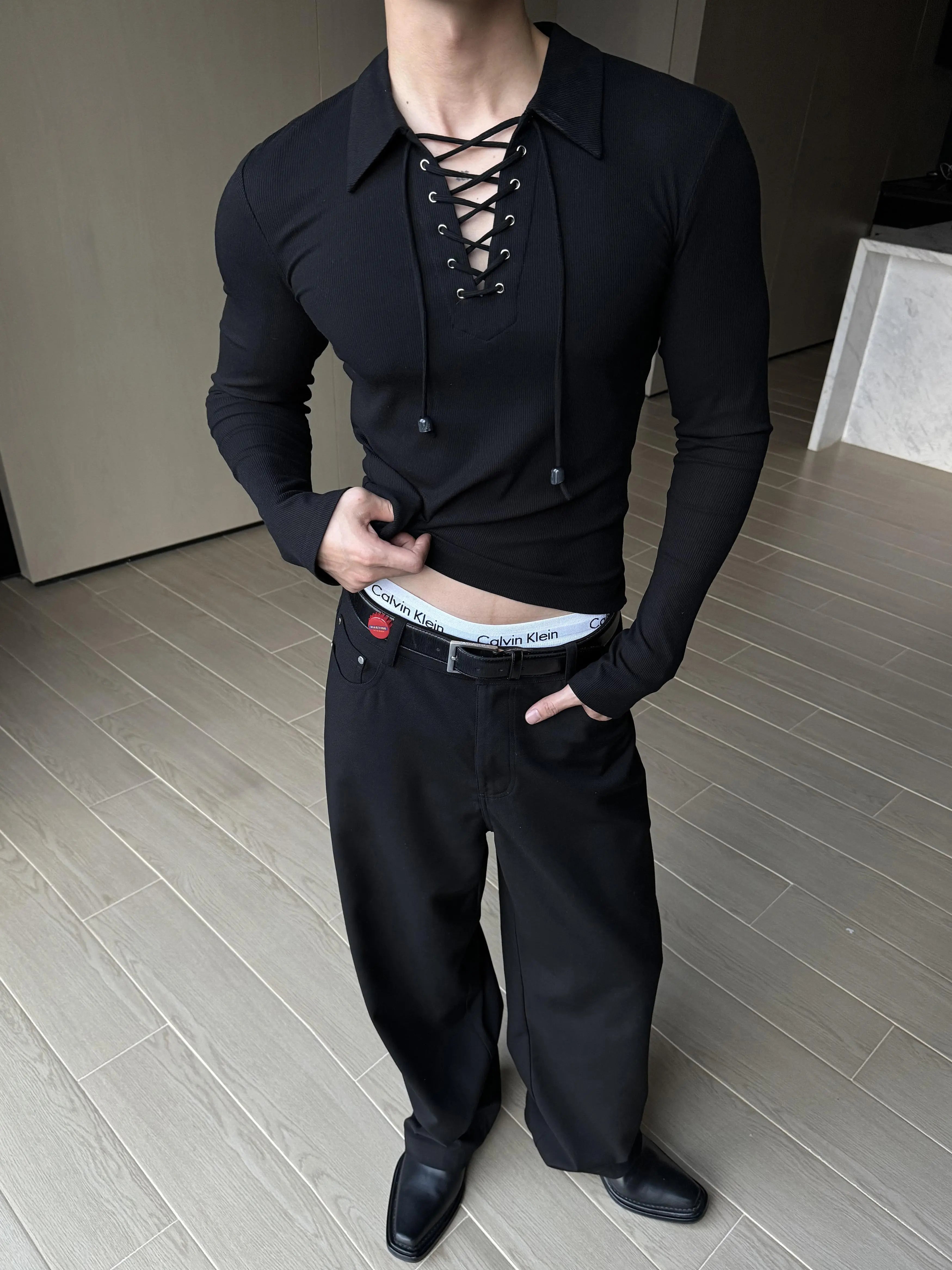 Black Lace-Up Henley Long Sleeve Shirt