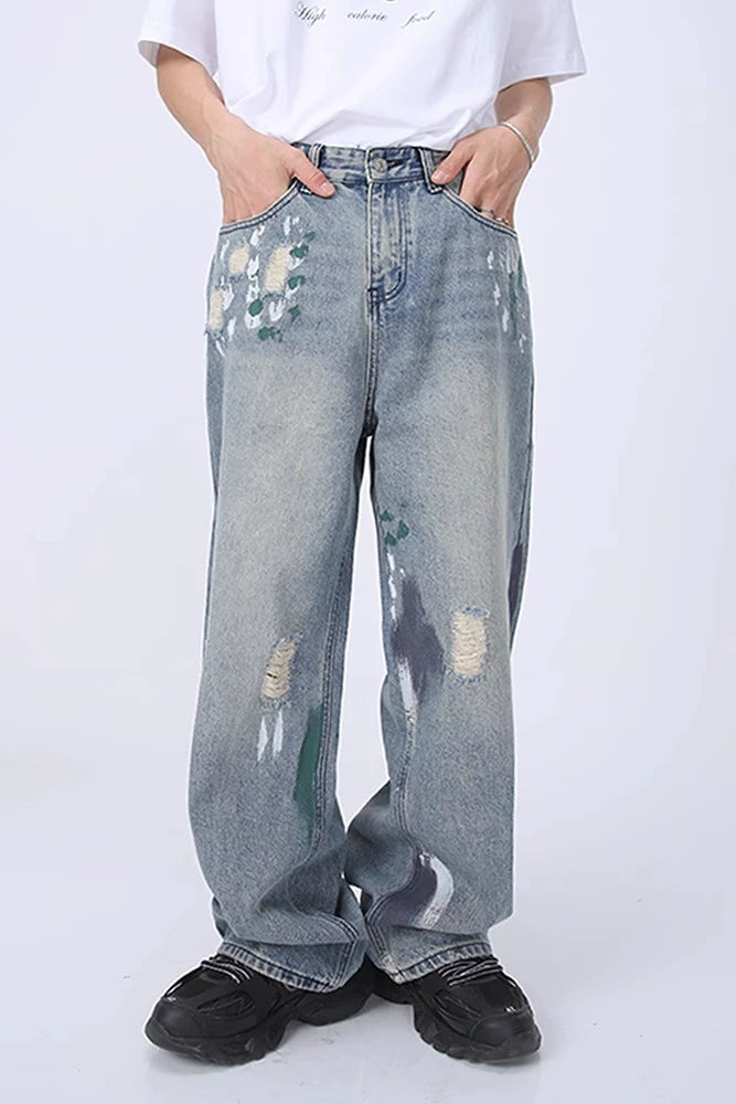 Voguo Relay Artfully Distressed Wide-Leg Jeans