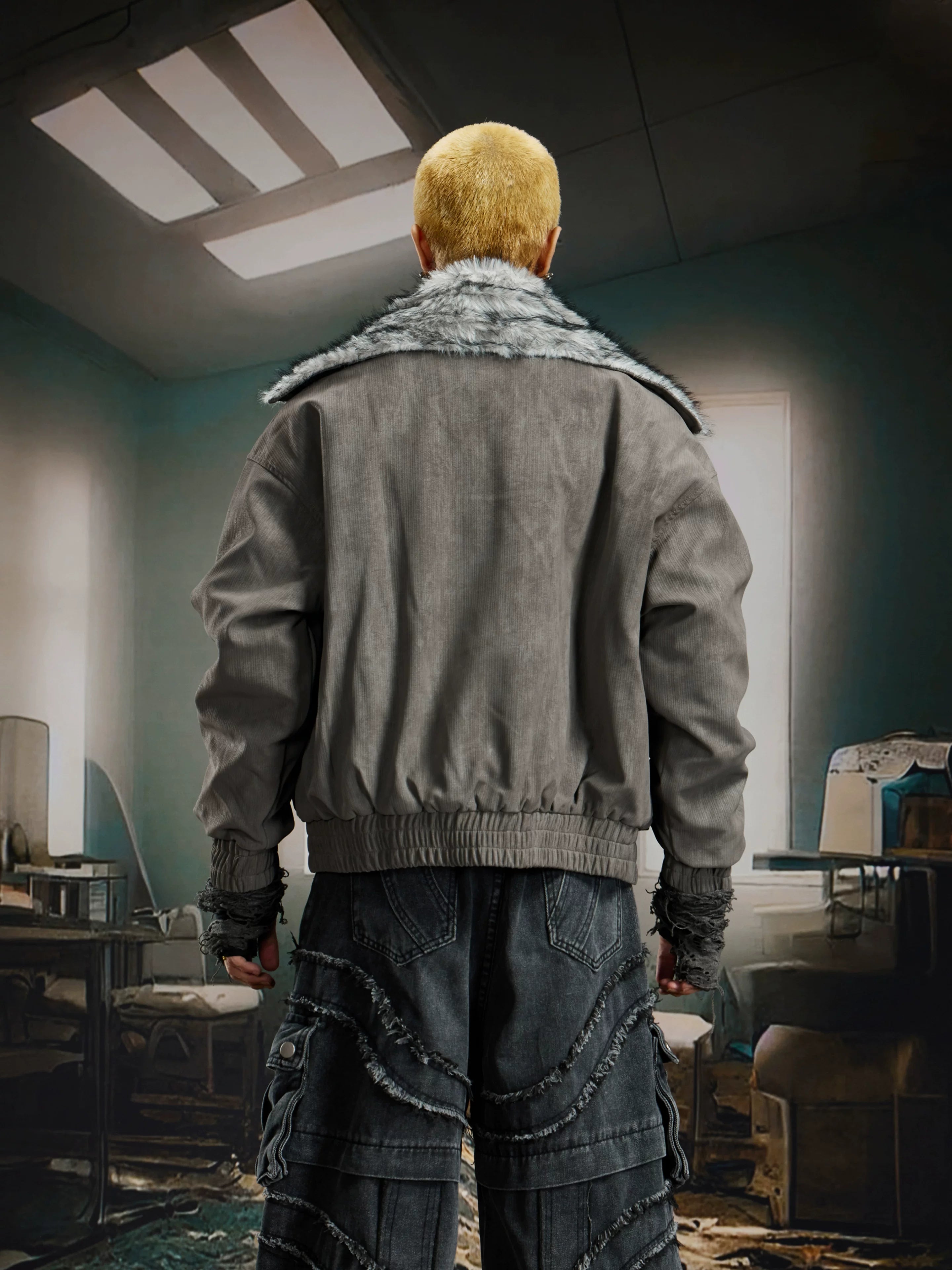 Glacier Veil Wolf‑Trim Bomber Jacket